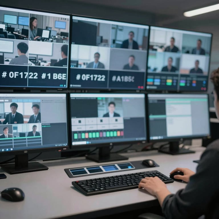 A sophisticated broadcast master control room with multiple monitors displaying live video feeds, using #0F172A and #A1B5BB lighting.
