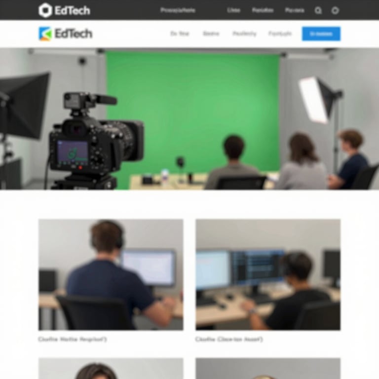 An EdTech studio environment with high-end cameras and green screens, optimized for cloud-based production house workflows.