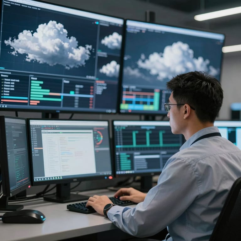 A technician monitoring a wall of high-resolution cloud playout analytics in a secure, dark-themed command center.