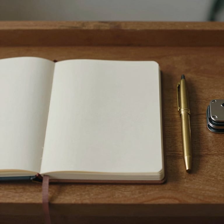Straight-on, eye-level shot of a beautifully bound journal, a simple brass pen, and a small pocket tool arranged neatly on a wooden shelf, soft natural light.