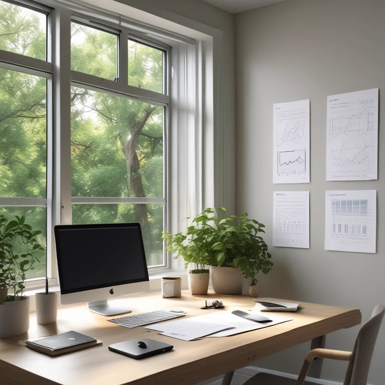 Elegant office space with emerald and gold accents reflecting a minimalist real estate brand.