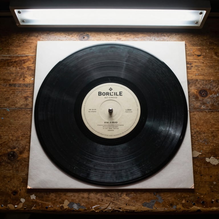 7-inch vinyl single out of its sleeve on a worn wooden table, venue fluorescent light above, label text visible, shot from directly above at close range
