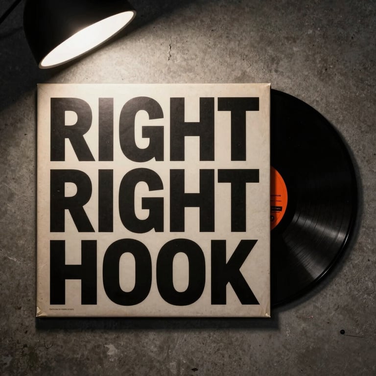Overhead flat-lay of a vinyl record sleeve, Flannigan's Right Hook album artwork visible — bold high-contrast graphic design with deep black and warm concrete tones, edge of the vinyl disc peeking out, placed on a dark concrete surface under a single overhead studio lamp casting a hard shadow