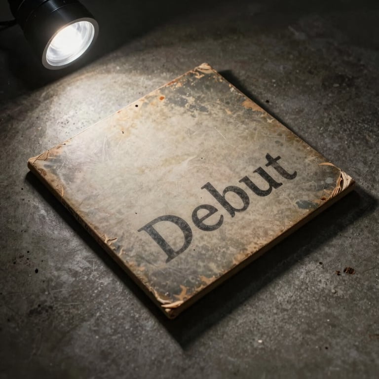 Debut album sleeve lying on a concrete floor under a single overhead bulb, deep shadows at the edges, worn cover with hand-stamped ink lettering, shot from above