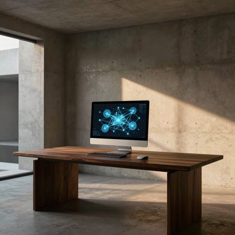 A minimalist workspace in an modern architectural building, concrete walls, dark wood desk, a single glowing monitor displaying complex network nodes, subtle warm golden ambient light.