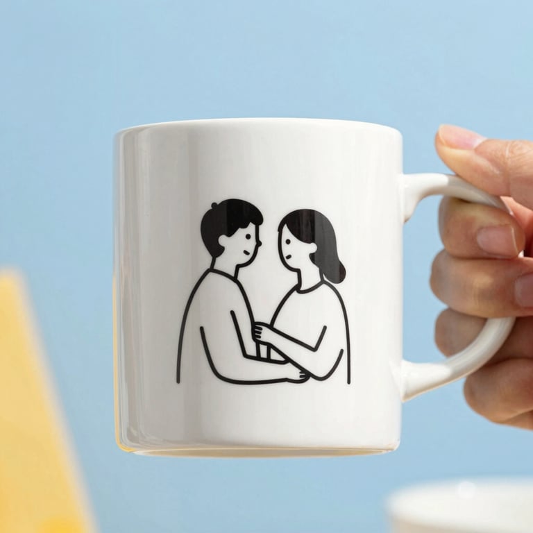 Close-up of a white ceramic mug with a clean black line-art drawing of the same couple, held by hands, sky blue background