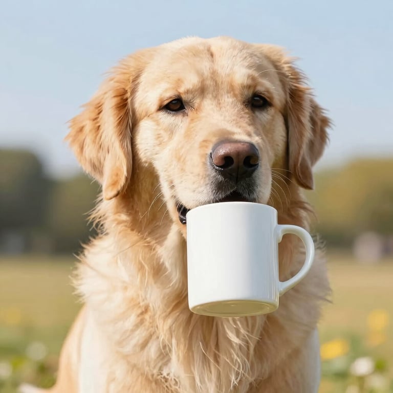 Close-up photo of a golden retriever dog sitting in a sunny park, soft background