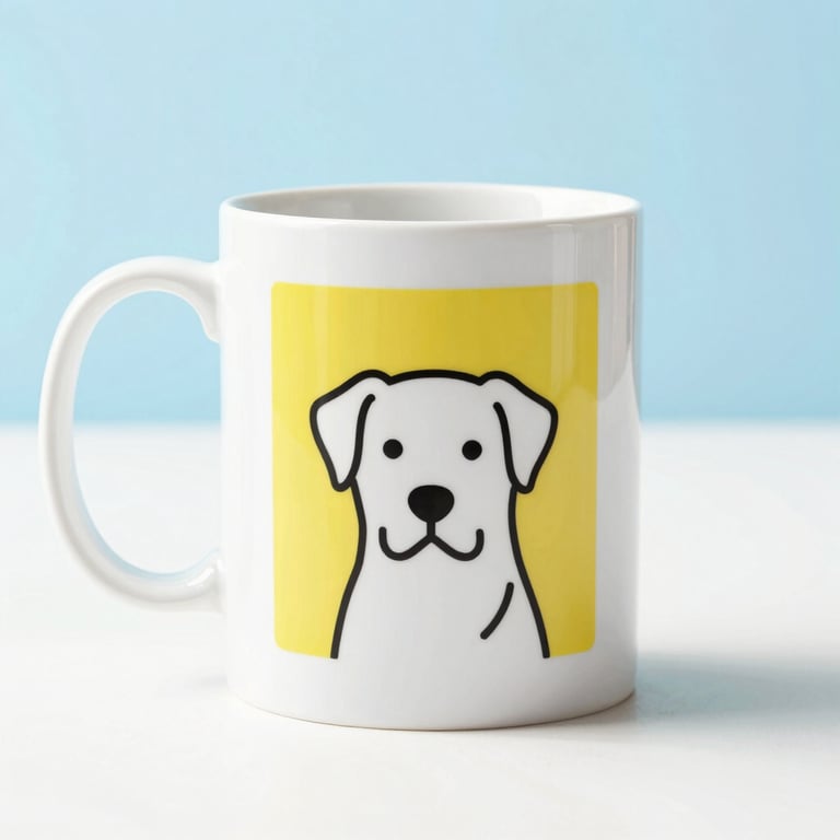 White ceramic mug featuring the dog's minimalist line-art portrait, bright yellow background accent, high-key daylight