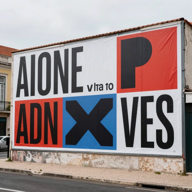 Wide shot of an outdoor campaign installation — large-format poster on an urban wall in Lisbon, bold typographic layout, overcast daylight, street visible in foreground, no people in focus