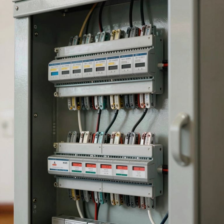 Detailed shot of an electrical panel in a residential home, clean and organized, North American style.