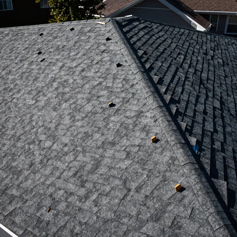 A high-contrast photo of a residential roof with architectural shingles being inspected.
