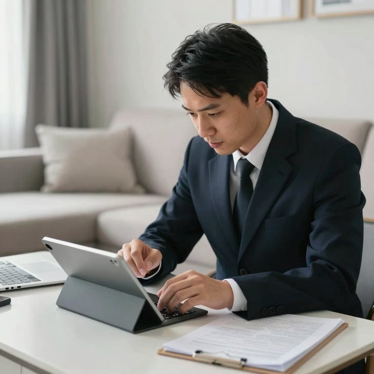 Inspector using a digital tablet to record findings in a bright, modern living room.