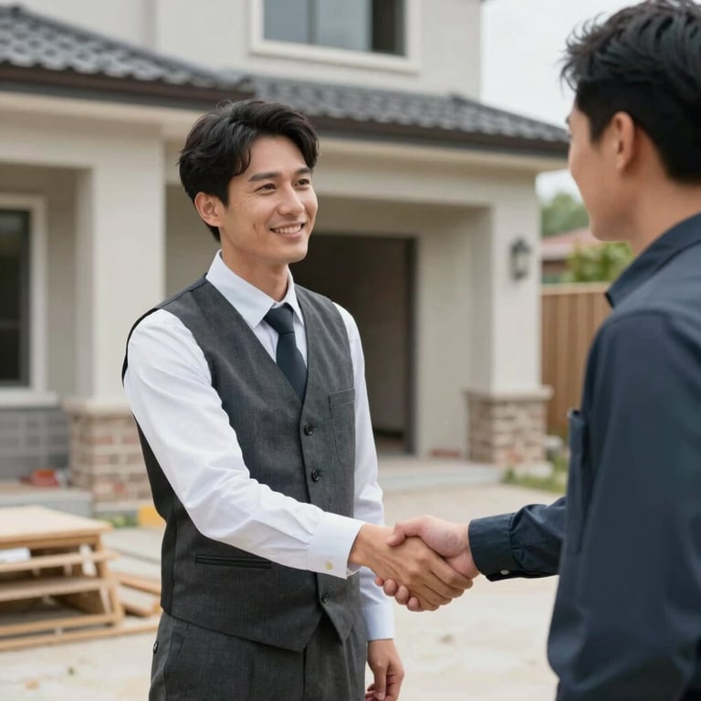 An inspector in a charcoal vest shaking hands with a client in front of a newly built house.