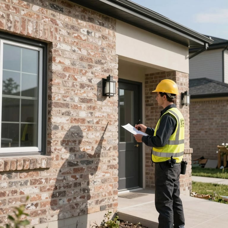 A professional inspector checking the exterior grading of a modern brick home in Edmonton, bright daylight.