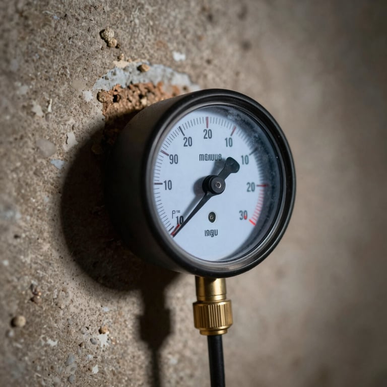 Close-up of a moisture meter being used on a basement wall to ensure reliability.