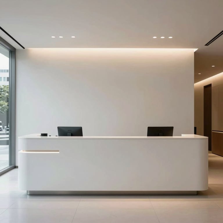 A minimalist reception area with a solid desk and clean lighting in a modern Brazilian skyscraper.