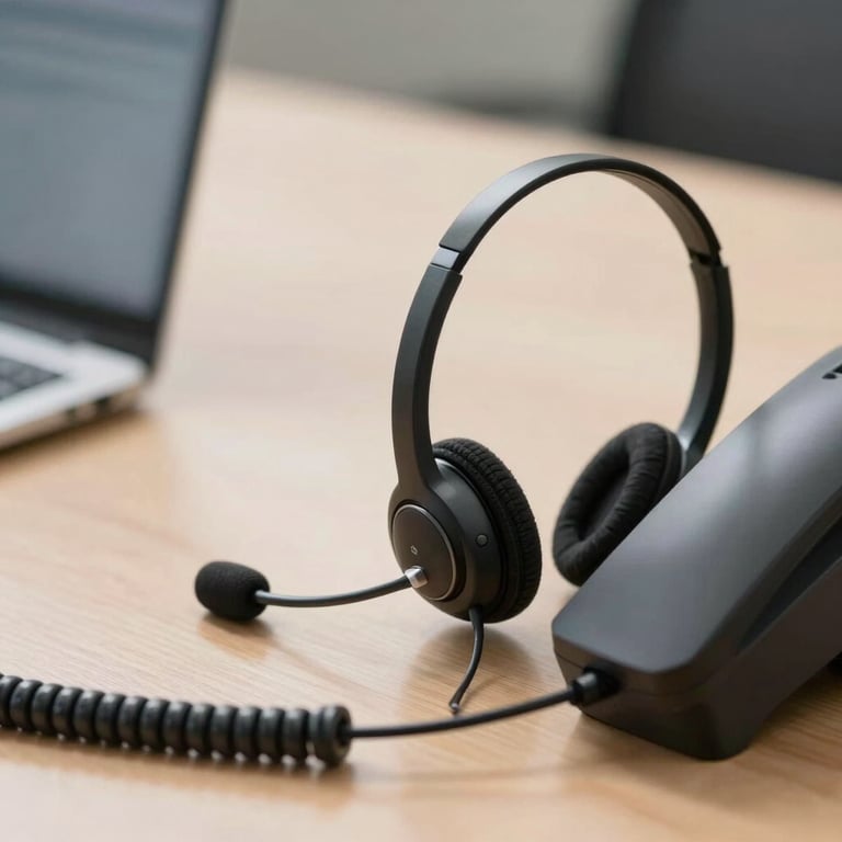 A focused shot of an organized desk with a professional headset and telephone in a corporate setting.