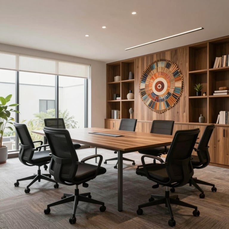 Interior of a bright office meeting room with ergonomic chairs and South American architectural style.