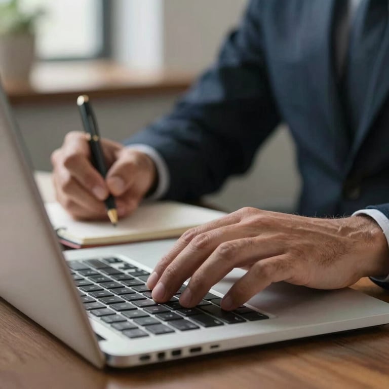 Close up of hands typing on a laptop and taking notes in a professional Brazilian administrative office.