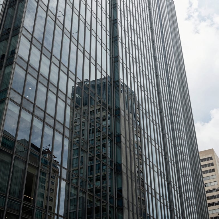 Exterior of a modern glass corporate building in a Brazilian business district during midday.