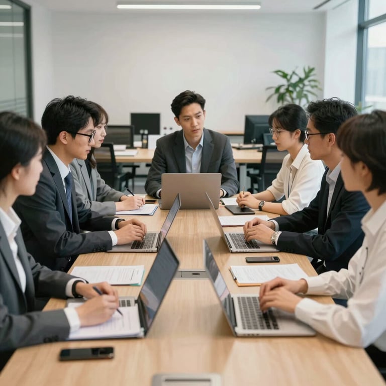 Professional group meeting in a bright shared workspace with a focus on efficiency and collaboration.