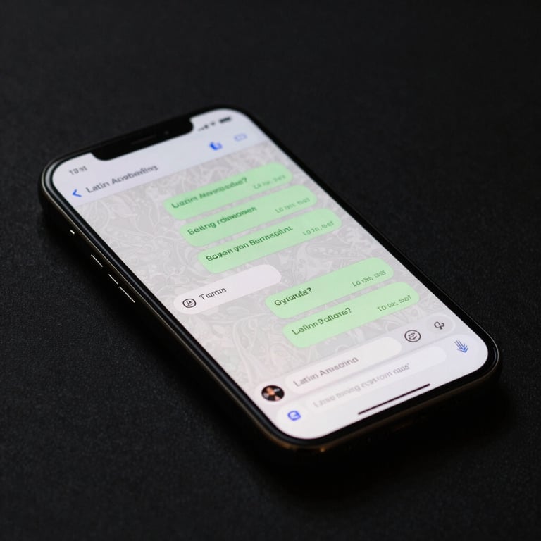 Macro shot of a smartphone screen showing an organized messaging interface in a dark minimalist room in Latin America.