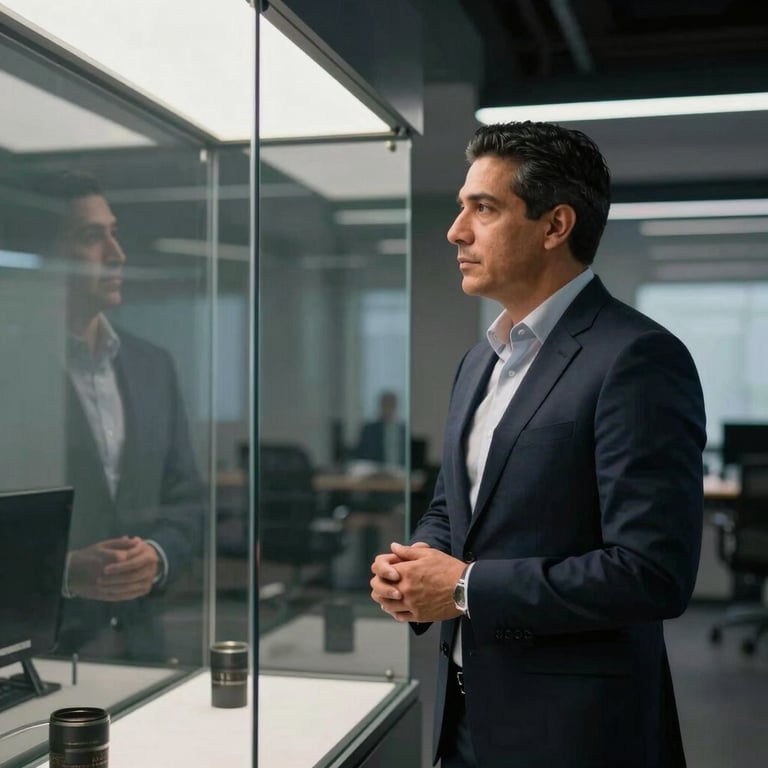 Professional Latin American business person looking at a large glass panel display in a futuristic, dark-mode office.