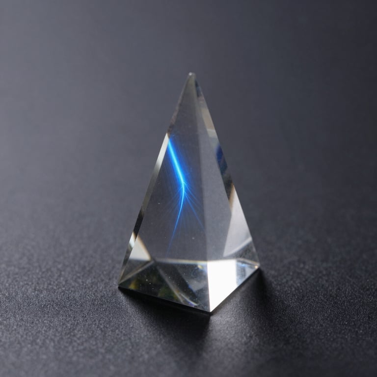 Detailed macro of a glass prism reflecting electric blue rays on a minimalist dark surface.