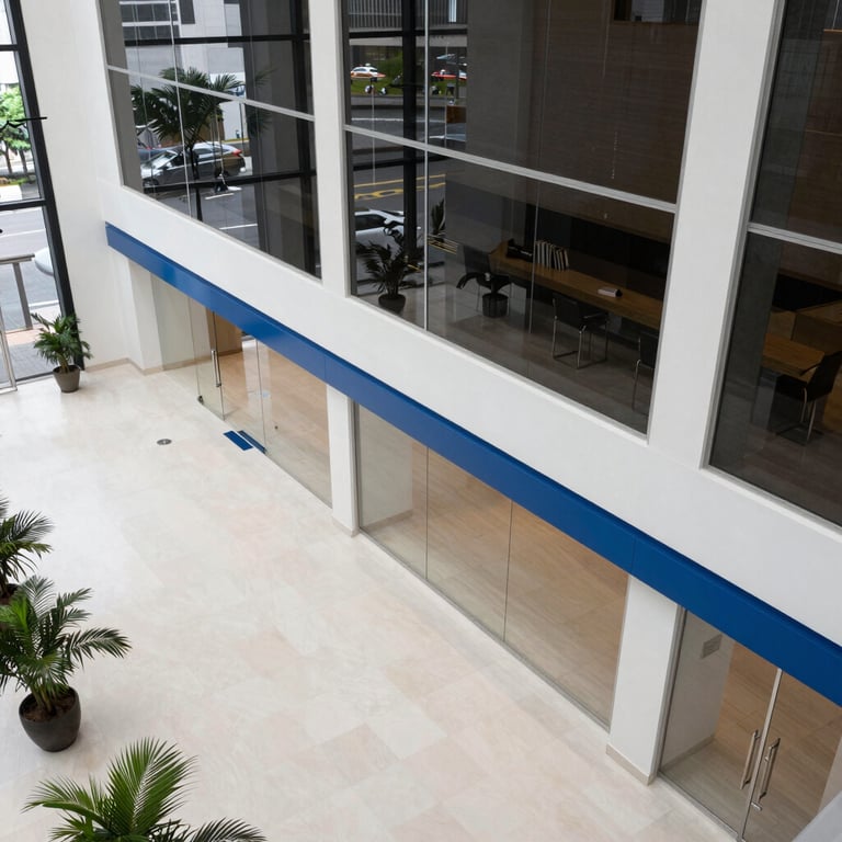High-angle view of a clean, futuristic corporate lobby in a major Latin American city with sharp architectural lines and blue accents.