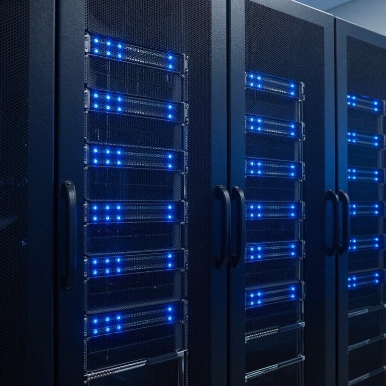 Abstract photography of server racks with glowing electric blue status lights in a data center, navy blue background.