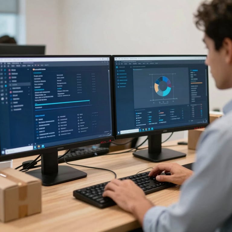 A professional in a South American / Bolivian co-working space tracking shipments on a dual-monitor setup with Deep Navy Blue UI elements.
