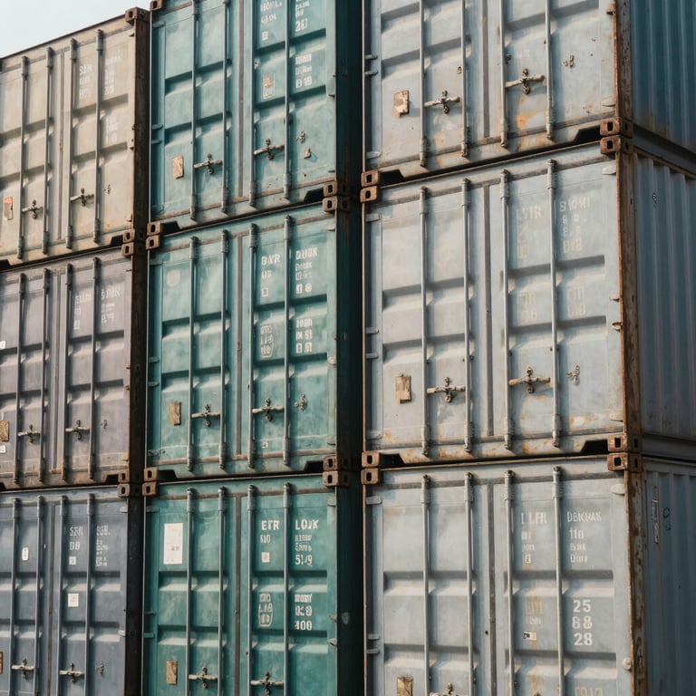 Detailed shot of shipping containers at a port, with Muted Forest Teal and Soft Silver Blue surfaces reflecting the sun.