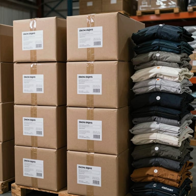 A neat stack of packages in a warehouse, some containing electronics and apparel, labeled with international shipping tags.
