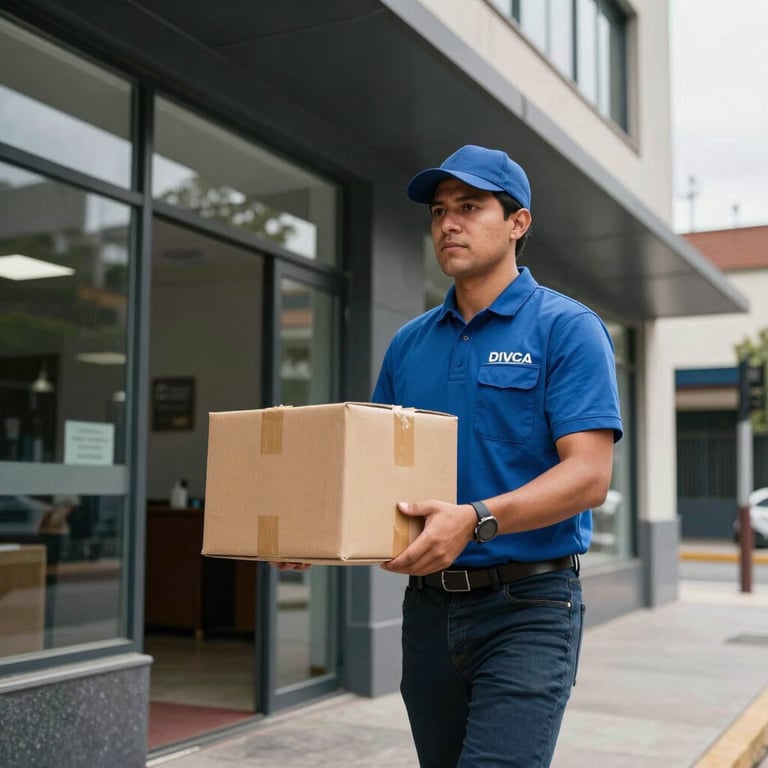 A courier arriving at a modern building in a South American / Bolivian city setting to deliver a package, daytime outdoor shot.