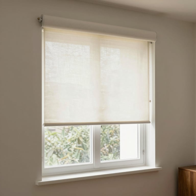 Close-up of elegant roller shades softly filtering sunlight in a modern living room.