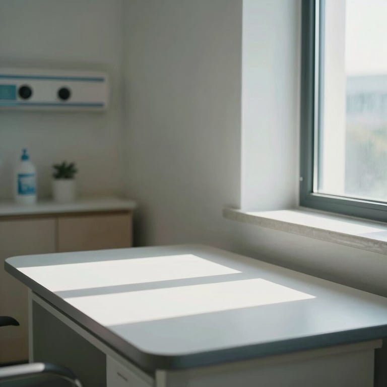 Clean, architectural detail of a modern outpatient medical clinic, soft natural light streaming through a window onto an organized desk.