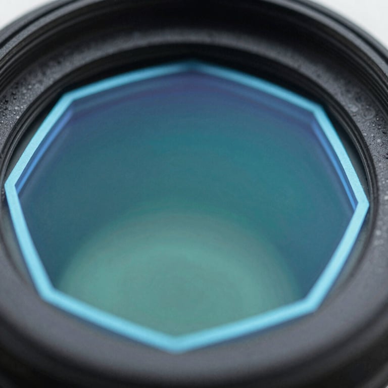 Extreme close-up macro shot of the hexagonal optical sensor head with cool-toned LED highlights, showing absolute geometric alignment.