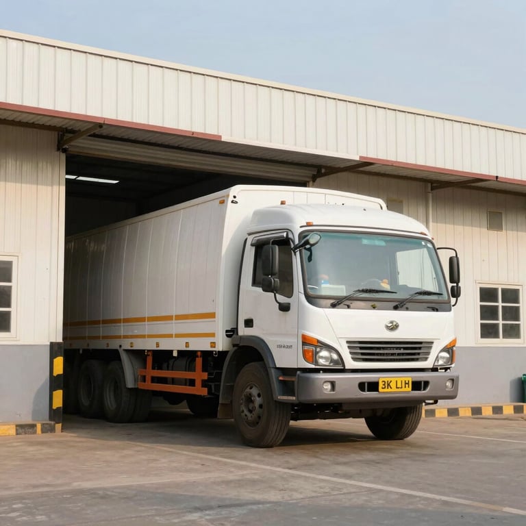 A large South Asian / Indian transport truck entering a secure, off-white warehouse gate during a clear day.