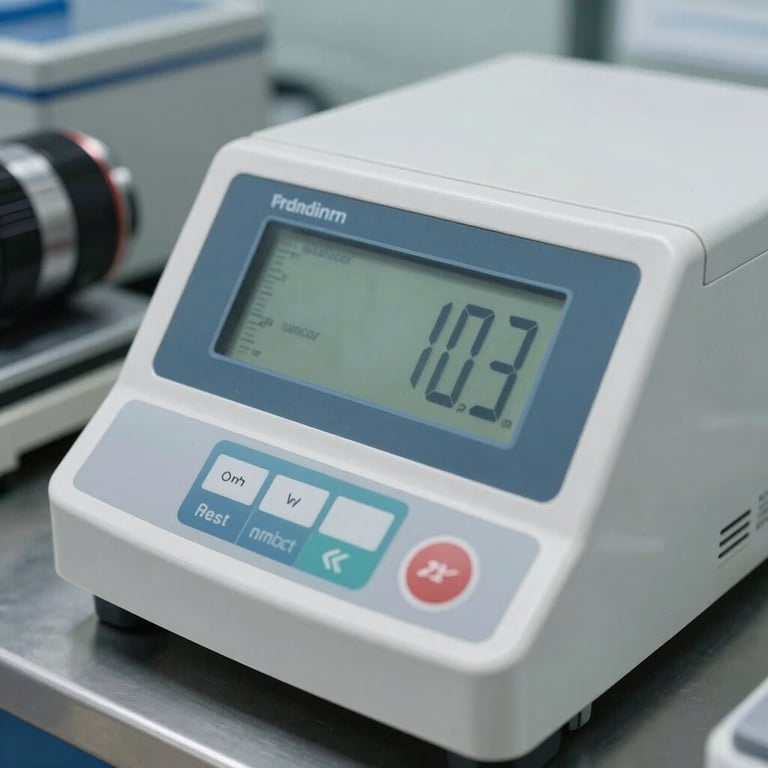 A professional close-up of a digital weighing machine display showing precise measurements in a clean industrial environment.