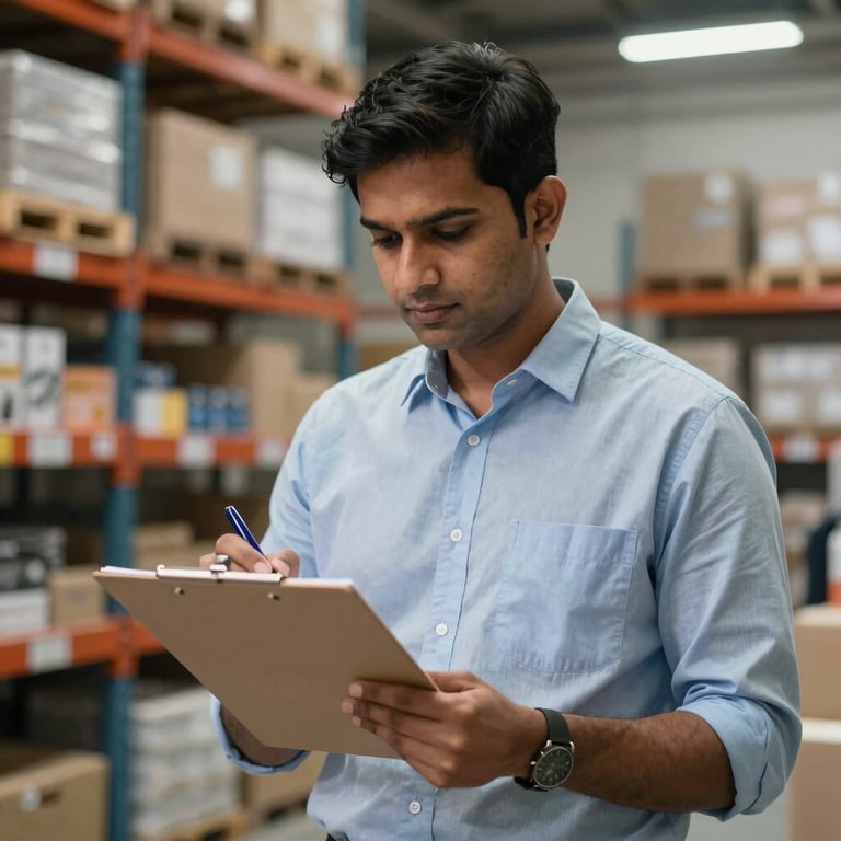 A South Asian / Indian professional in a modern office setting within the warehouse, reviewing a logistics clipboard with a dark blue pen.