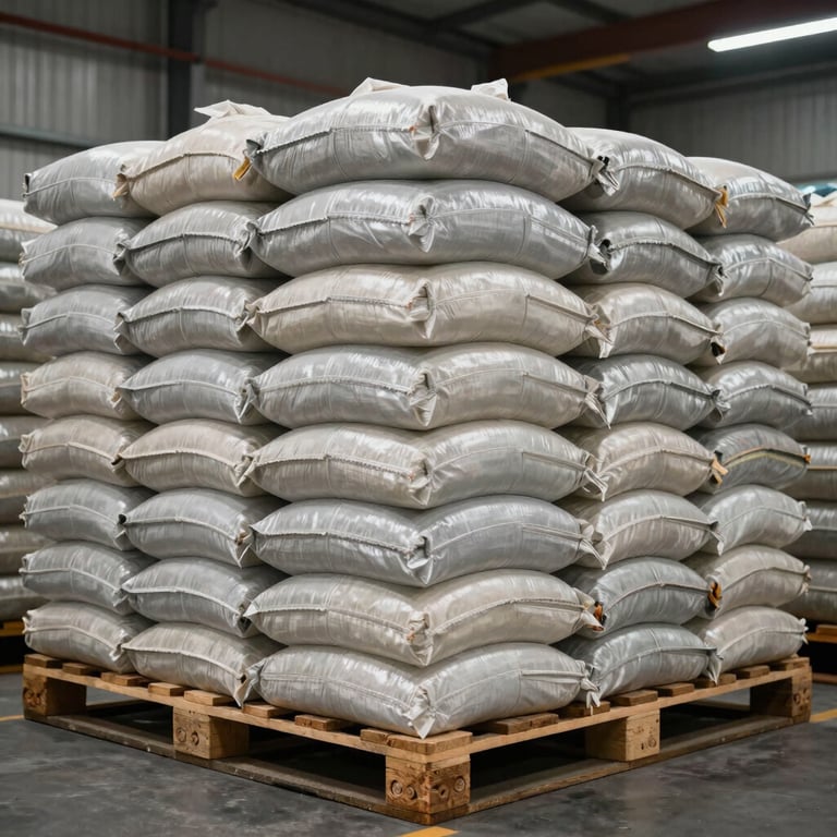 Internal bulk storage area with neatly stacked agricultural bags on wooden pallets, reflecting efficiency and care.