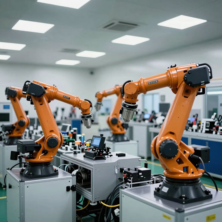 Wide view of a fully integrated smart manufacturing line featuring multiple robotic cells and a clean, professional industrial design.
