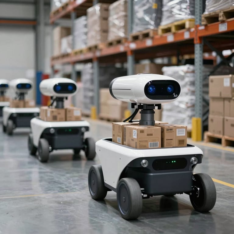 A fleet of autonomous mobile robots (AMR) transporting materials across a polished smart warehouse floor in a professional setting.