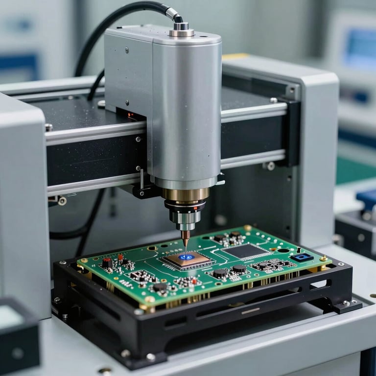 A custom-built non-standard automation station for micro-electronic assembly, highlighting precision and sophisticated engineering.