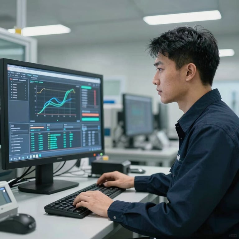 An East Asian engineer in a professional corporate uniform monitoring a sleek digital control interface with data visualizations in a factory.