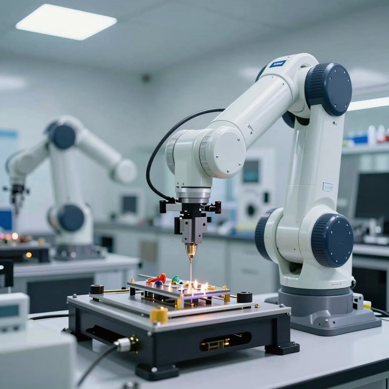Integrated multi-axis robot system handling delicate components with high accuracy in a bright, modern East Asian tech laboratory.