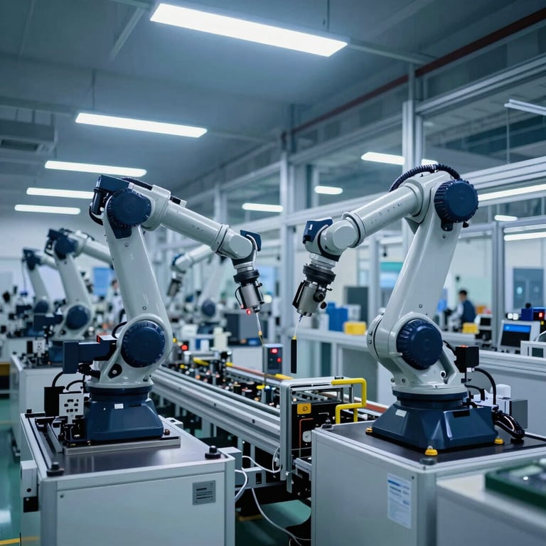 A high-precision robotic arm performing complex assembly tasks on a modern production line in an East Asian facility, under bright Steel Blue lighting.