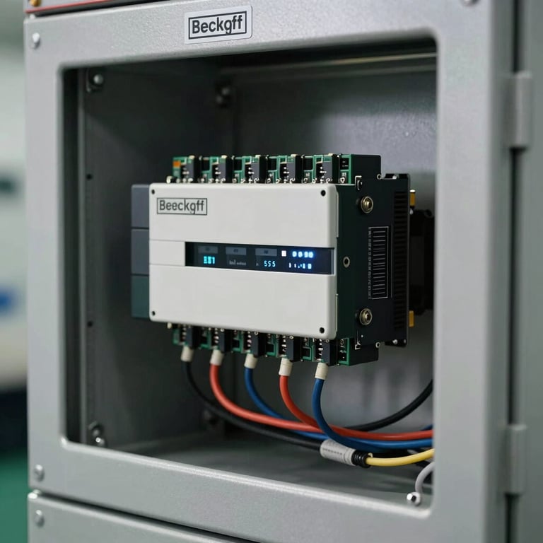 Close-up of Beckhoff industrial automation modules and neat wiring inside a stainless steel control cabinet, showcasing technical expertise.