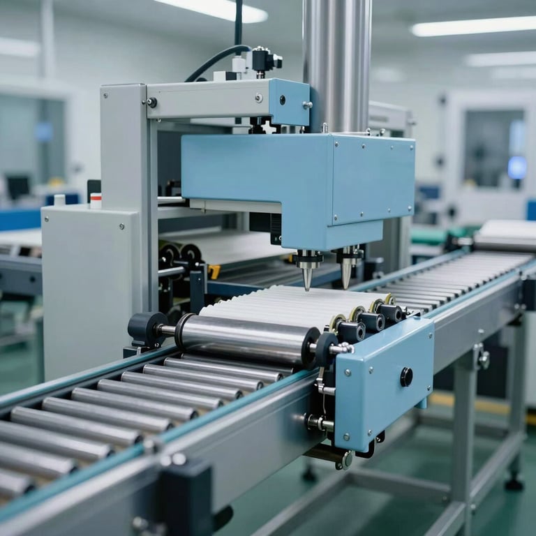 An automated packaging system with high-speed conveyors in a clean, modern manufacturing plant, featuring Light Steel Blue highlights.