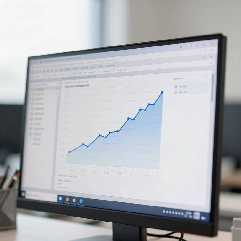 Close-up of statistical software interface on a monitor, clean bright office environment, sharp focus, professional editorial photography